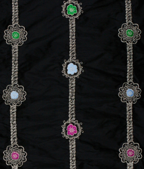 Rosette Rope Embroidered Silk - Black / Silver Metallic