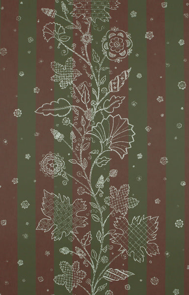 Striped Leaf Stitch Wallpaper - Wine / Green / Pastel