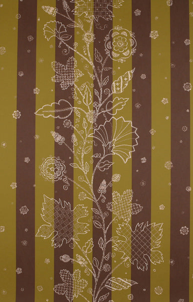 Striped Leaf Stitch Wallpaper - Mahogany / Mustard / Pastel