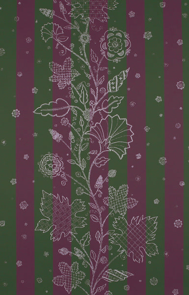 Striped Leaf Stitch Wallpaper - Magenta / Emerald / Pastel